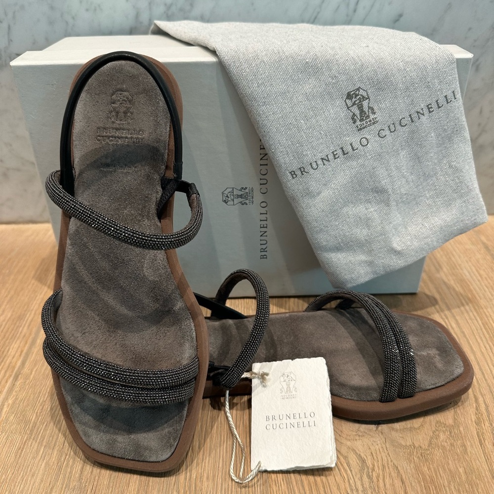 Brunello Cucinelli Monili Black Leather and Suede Women’s Sandals